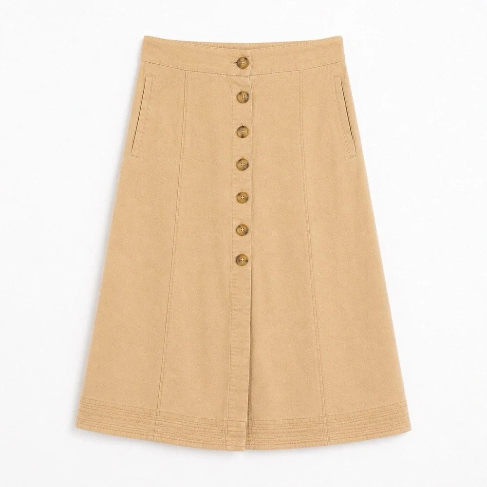 Women's Front Slit Button Front Cotton Khaki Pocket Knee Skirt XS Cottagecore